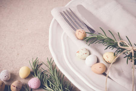 Easter table setting copyspace background, selective focus,