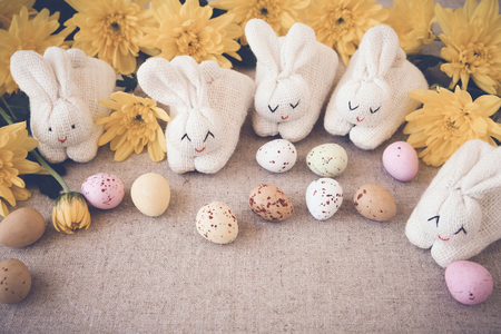 Easter eggs and bunny, selective copyspace background, toningの写真素材