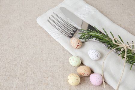 Easter table setting copyspace background, selective focus,