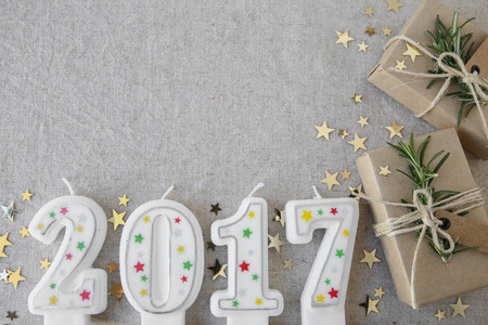 2017 candles with eco present boxes, New Year copy space backgroundの写真素材