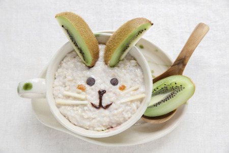 Bunny rabbit porridge breakfast , food art for kidsの写真素材