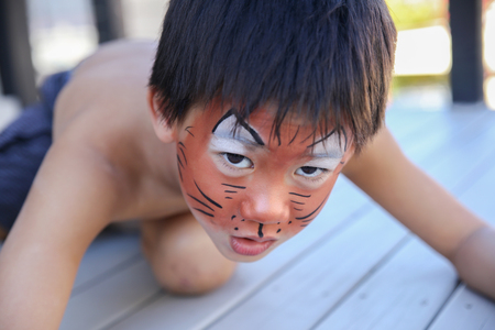 Young boy with fun face painting as a tigerの写真素材