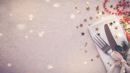 Christmas food dinner table place setting, holidays copy space panoramic backgroundの写真素材