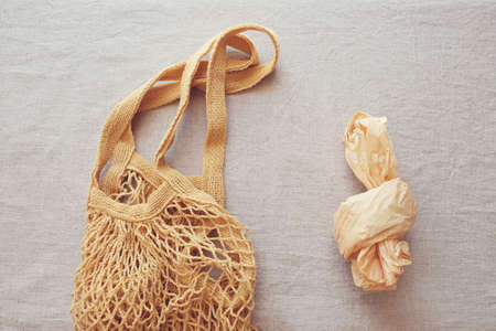 Reusable cotton shopping bag and plastic bag, plastic free and zero waste conceptの写真素材