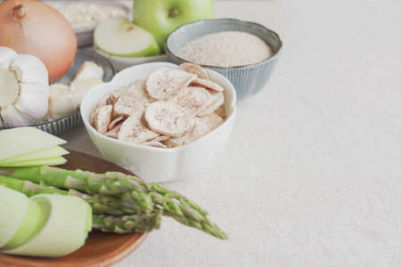 Variety of prebiotic foods for gut health, low carb diet, dairy free and gluten free, healthy plant based vegan foodの写真素材
