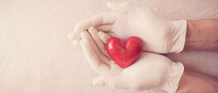Doctor hands with medical gloves holding red heart, health insurance, donation, charity during covid-19 coronavirus pandemic, saving life, thank you and appreciation to doctorの写真素材