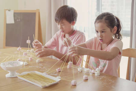 Mixed race young Asian children building tower with spaghetti and marshmallow learning remotely at home, STEM science, homeschooling education, Social distancing, isolation conceptの写真素材