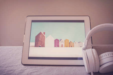 Home church community, worship together at home, streaming online church service,  Mission of gospel, social distancing, new normal conceptの写真素材