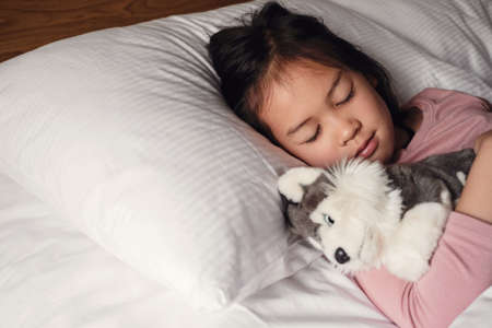 Young little mixed race Asian girl sleeping in bed with her dog soft toy, bedtime routine, wake up...