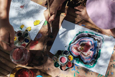 Kids painting art outdoor activity, montessori homeschooling educationの写真素材