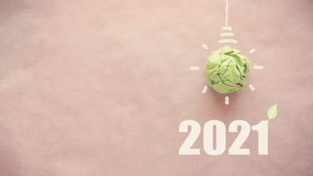 2021 with Green paper light bulb, New year eco and sustainable living resolution conceptの写真素材