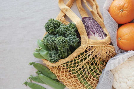 vegetable and fruit in reusable bag, Eco living and zero waste conceptの写真素材