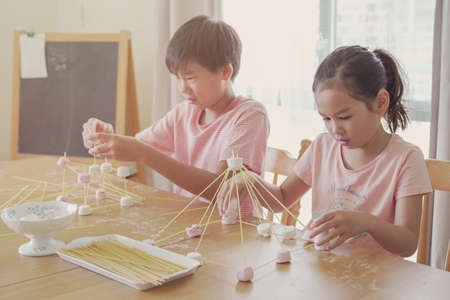 Mixed race young Asian children building tower with spaghetti and marshmallow learning remotely at home, fun STEM science, homeschooling education, Social distancing, isolation conceptの写真素材
