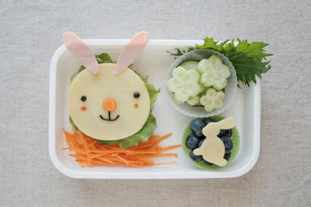 Easter bunny lunch box, fun food art for kidsの写真素材