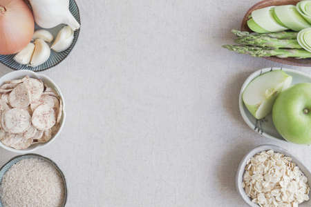 Variety of prebiotic foods for gut health, low carb diet, dairy free and gluten free, healthy plant based vegan foodの写真素材