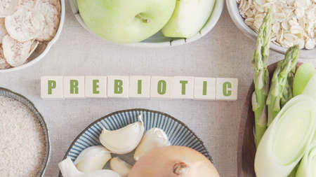 Variety of prebiotic foods for gut health, low carb diet, dairy free and gluten free, healthy plant based vegan foodの写真素材