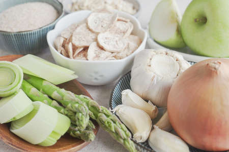 Variety of prebiotic foods for gut health, low carb diet, dairy free and gluten free, healthy plant based vegan foodの写真素材