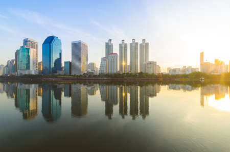 city building at morning with warm sunshine.のeditorial素材