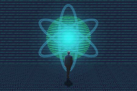 businessman in cyber room on computer code background with global digital cyber computer code....