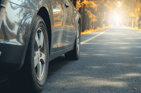 closeup car tires wheel vehicle on asphalt road in autumn forest leaves fall driving trip transportation to travel in nature woods holidays travel safety adventure countryside vacation relaxing.の写真素材