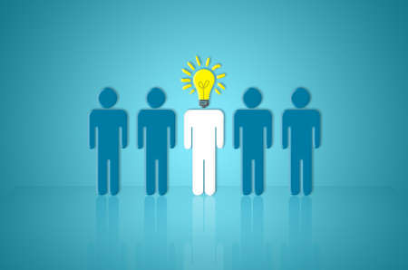 leadership creative idea concept white human outstanding show hand with light bulb can thinking clever and intelligent while other one still standing and have a question. business success plan leader.の写真素材