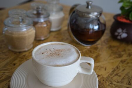hot coffee on the wood tableの写真素材
