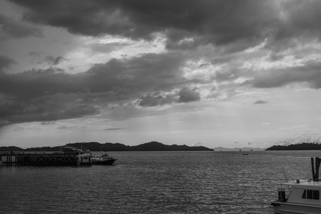 black and white view, port before rainingの写真素材