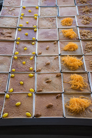 Thai custard pudding with several topping in tray arrange for sale