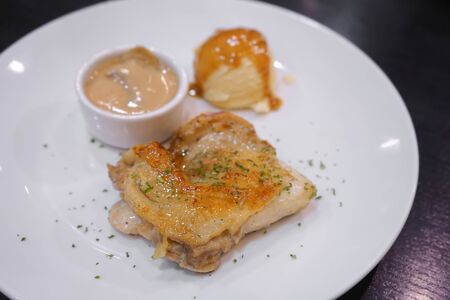 chicken steak mushroom sauce with mashの写真素材