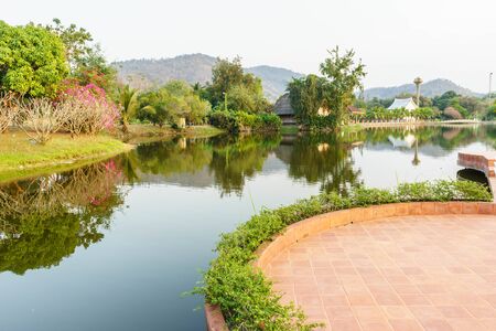 pond among hillの写真素材