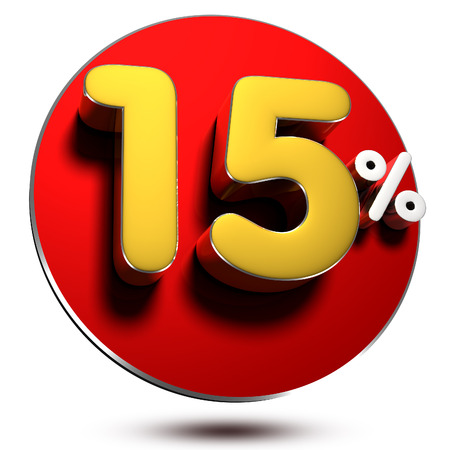 15 Percent Red 3D rendering on white background.(with Clipping Path).の写真素材