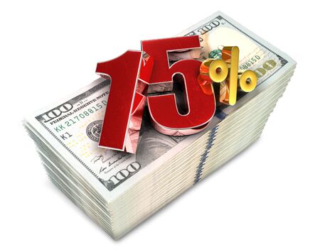 15 percent 3d rendering placed on a dollar bill on a white background.
