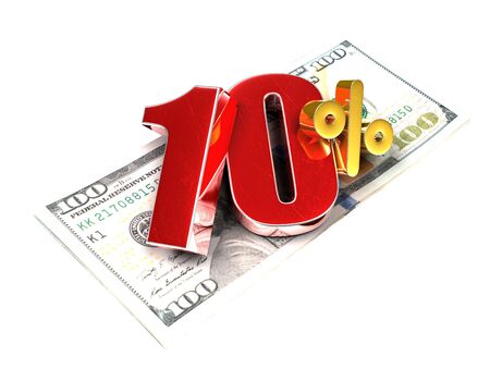 10 percent 3d rendering placed on a dollar bill on a white background.の写真素材
