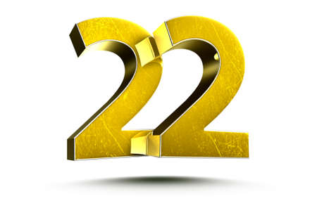 3D illustration Golden number 22 isolated on a white background.