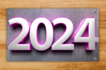 3D illustration number 2024 Stainless Steel Signs isolated Wood grain background.(with Clipping...
