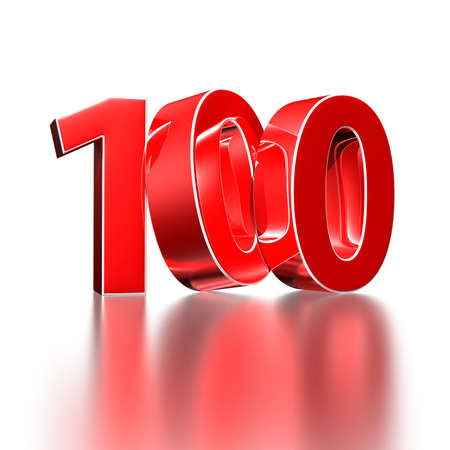 3D illustration Red number 100 isolated on a white background there is a reflection.