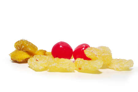 3 flavors dehydrated mango, 3 flavors dehydrated pineapple, 3 flavors of cherries. isolated on white background.(with Clipping Path).の写真素材
