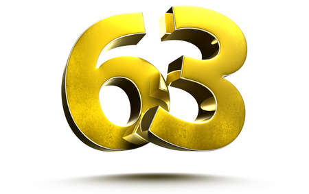 Gold numbers 63 isolated on white background illustration 3D rendering.(with Clipping Path).