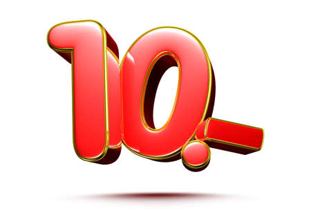 Price tag number 10 red 3D illustration with gold border on a white background with clipping path.