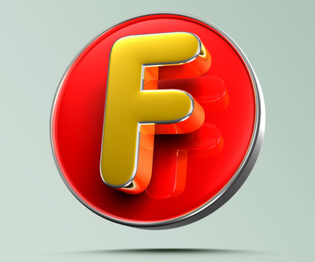 Letter F golden yellow in red circle 3D illustration on light gray background have work path. Advertising signs. Product design. Product sales. Product code.の写真素材