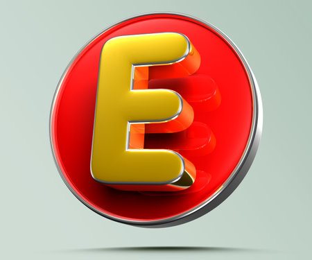Letter E golden yellow in red circle 3D illustration on light gray background have work path. Advertising signs. Product design. Product sales. Product code.の写真素材