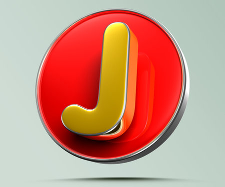 Letter J golden yellow in red circle 3D illustration on light gray background have work path. Advertising signs. Product design. Product sales. Product code.の写真素材