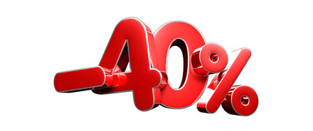 Minus 40 percent red 3D illustration on white background have work path. Advertising signs. Product design. Product sales.の写真素材