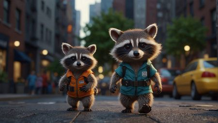 Two raccoons walking in New York City. 3D rendering.の素材