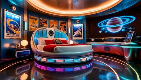 Design a bedroom that combines retro-futuristic aesthetics with modern technology. The bed is a round, rotating pod with built-in speakers and mood lighting that changes color based on music and sound.の素材