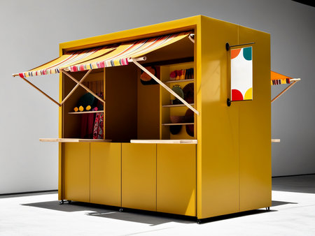 A vibrant bohemian-style market stall painted, set on a flat surface. The stall features eclectic display shelves, colorful sunshades,The background is plain, emphasizing the stall's artistic and free-spirited design.の素材