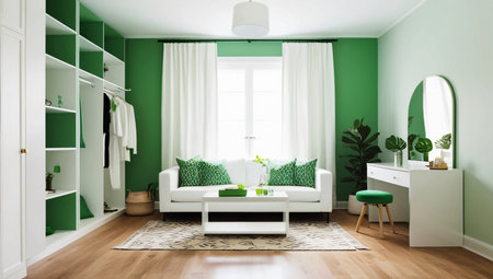 Design a minimalist dressing room sleek built-in wardrobes, and open shelving. Incorporate a large, frameless mirror and a simple, neutral-toned rug.の素材