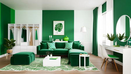 Design a modern dressing room featuring sleek, built-in wardrobes with handle-less doors. Include floating shelves for additional storage and a large, frameless mirror.の素材