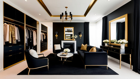 Design a modern dressing room featuring sleek, built-in wardrobes with handle-less doors. Include floating shelves for additional storage and a large, frameless mirror.の素材