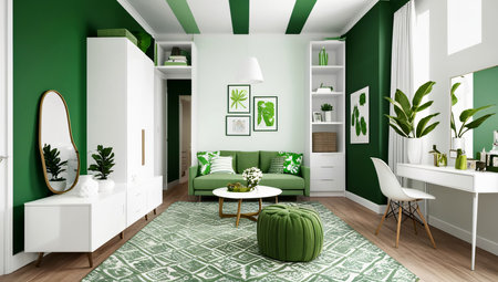 Design a modern dressing room featuring sleek, built-in wardrobes with handle-less doors. Include floating shelves for additional storage and a large, frameless mirror.の素材